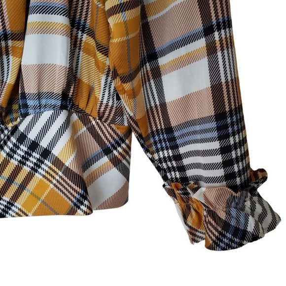 Karl Lagerfeld plaid smocked ruffled blouse yellow and blue - Picture 5 of 8